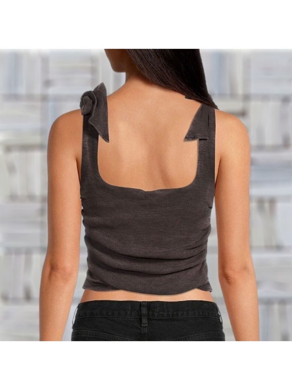 FREE PEOPLE Boulevard Tie-Strap Ruched Sides Tank Top-Black NWT/LG - Picture 2 of 11